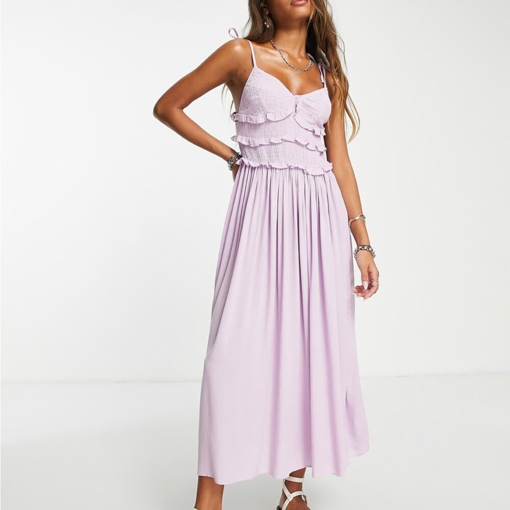 Topshop reconnected viscose shirred ruffle slip midi dress in lilac